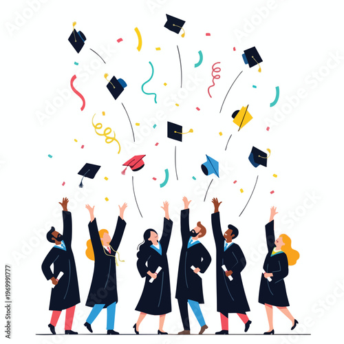 Diverse graduates in caps and gowns celebrate, tossing caps and diplomas in the air