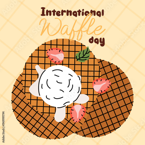 Flat illustration of thin crispy waffles with a scoop of vanilla ice cream, strawberry and mint for International Waffle Day. view from above. Tasty dessert celebration greeting card on yellow