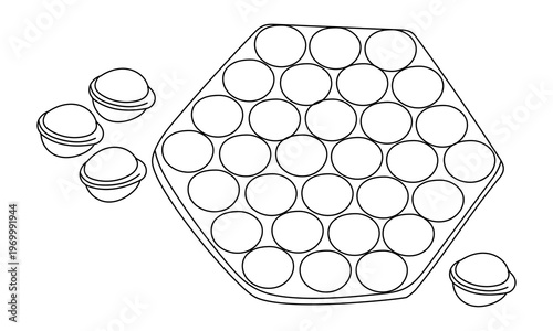 Flat contour illustration of a bubble waffle and walnut-shaped cookies. Vector line art set for coloring book, bakery menu or sweet snack icon design. Isolated on white background