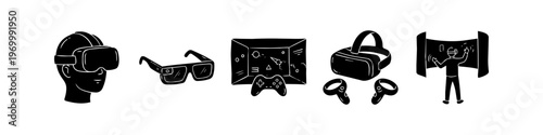 Hand-drawn icons for virtual reality and augmented reality technology, featuring VR headsets, smart glasses, gaming controllers, and digital interfaces in a minimalist doodle style.