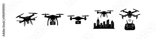 A collection of black drone icons including a quadcopter with camera, flying over a city, and a remote controller, presented in a minimalist doodle style on a white background.