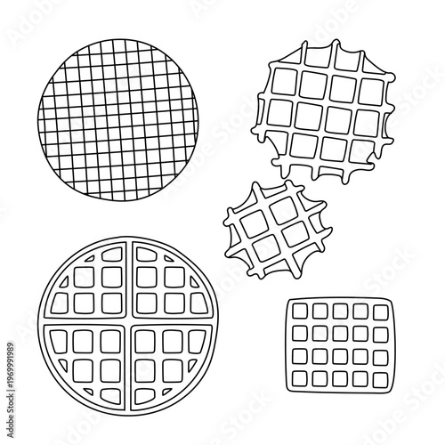 Flat contour illustration of various waffles including belgian, round and square shapes. Vector line art set for coloring book, breakfast menu or bakery icon design. Isolated on white background