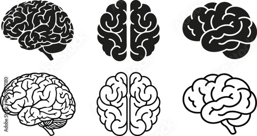 Human brain icons set, anatomy organ illustrations with outline and solid styles, neuroscience concept, medical education vector collection