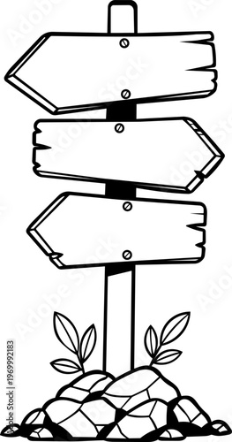 Hand drawn wooden signpost vector illustration stacked direction boards rustic sign signage sketch black outline isolated