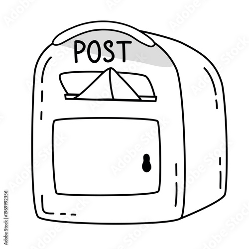Vector illustration of vintage mailbox with mail envelope inside in minimalist line art style. Cozy cottagecore post box clip art for scrapbooking or coloring book design.