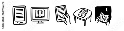 Set of hand-drawn doodle icons illustrating digital and traditional reading habits, featuring e-readers, a computer monitor, and reading a physical book at night under the moon.