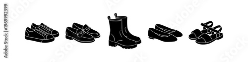 A collection of various footwear styles, including sneakers, loafers, boots, flats, and sandals, presented as minimalist black silhouettes on a white background.