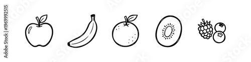 Set of hand-drawn fruit icons in black and white line art style, featuring apple, banana, citrus, kiwi, raspberry, and blueberries on a white background.