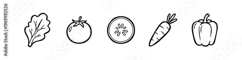 Hand-drawn vegetable icons set featuring a leaf, tomato, cucumber slice, carrot, and bell pepper. Minimalist black line art on white background for health, cooking, and organic food concepts.