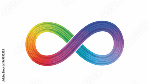 A vibrant, abstract infinity symbol with a rainbow gradient