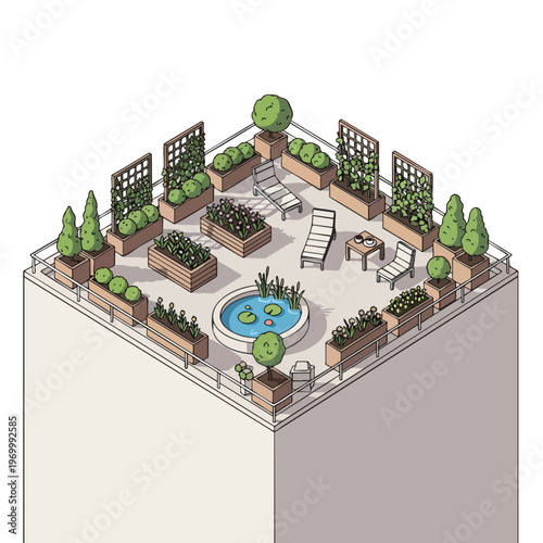 Isometric rooftop garden oasis with pond, lounge chairs, plants, and trees