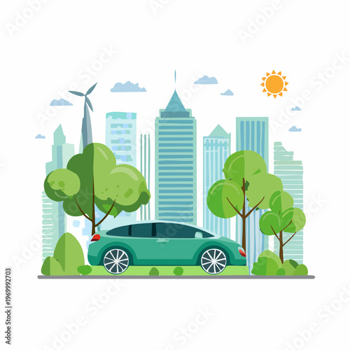 An electric car drives through a modern cityscape with wind turbines, trees, and skyscrapers under a sunny sky with clouds.