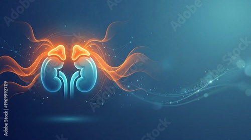 Digital art of human kidneys with glowing elements and blue background