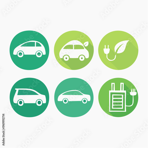 Eco friendly vehicles icons with leaf and plug symbols representing sustainable energy and technology in transportation sector