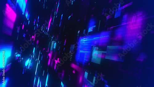 A futuristic high-tech background with a digital pixel matrix pattern on a blue background. A data stream or a futuristic map of a technological network. 