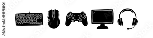 Hand-drawn collection of gaming gear icons featuring a keyboard, mouse, controller, monitor, and headset. Minimalist black and white doodle style for gaming, technology, and e-sports projects.