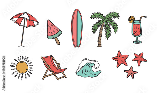 Summer doodle collection with beach items and sunny elements on white background	
