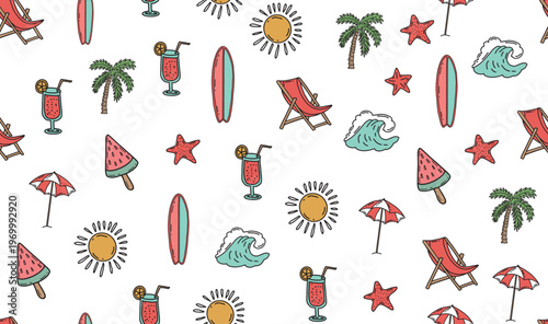 Summer doodle pattern with beach items and sunny elements on white background	
