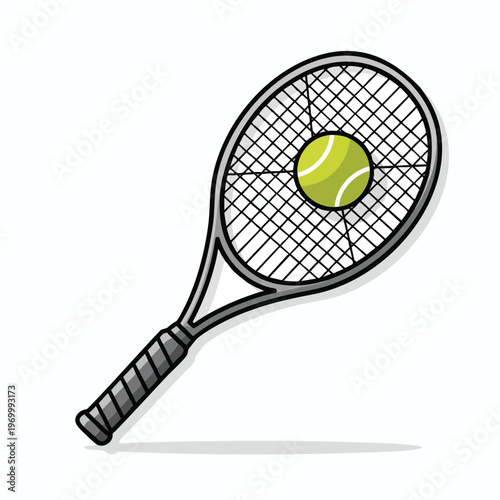 A cartoon tennis racket with a ball in the strings, isolated on white