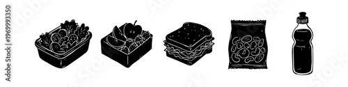 Hand-drawn black and white illustrations of healthy lunch items: salad bowl, fruit container, sandwich, snack bag of nuts, and water bottle. Graphic minimalist style for food and wellness.