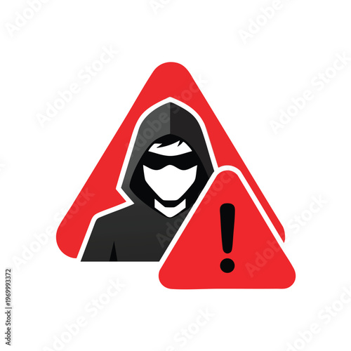 Stylized warning icon of a hooded figure with a mask and an exclamation mark