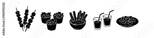 Hand-drawn black ink illustrations of healthy snacks: fruit skewers, salad cups, vegetable sticks with dip, smoothies, and nuts. Minimalist silhouette style for catering and food menus.