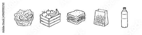 Hand-drawn line art icons of healthy meal options including salad, a fruit crate with apples and bananas, a sandwich, snacks, and a water bottle. Simple black and white vector illustration.