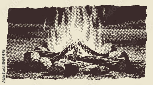 Campfire in Vintage Halftone Style, Retro Stippling Texture Illustration