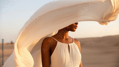 Elegant woman with flowing white fabric in desert at sunset