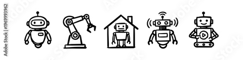 Collection of hand-drawn robot icons in a minimalist doodle style. Includes industrial arm, smart home assistant, and humanoid robots. Ideal for AI, technology, and automation design projects.