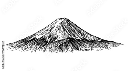 A detailed black and white illustration of Mount Fuji, showcasing its iconic conical shape and snow-capped peak with intricate line work depicting its slopes and surrounding landscape.