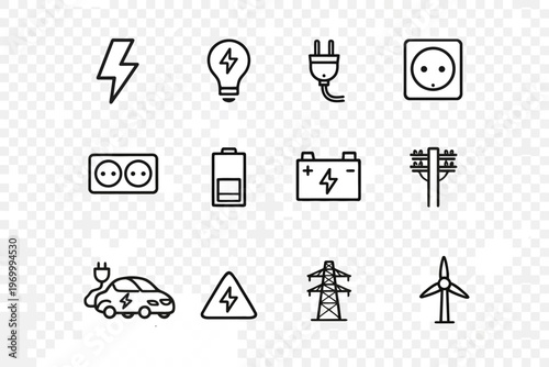 Electricity Icons Set – Minimal Line Vector Collection of Power, Energy and Electrical Elements