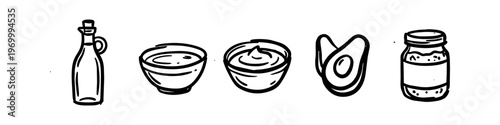 Hand-drawn doodle icons of healthy food ingredients, including an oil bottle, bowls, sliced avocado, and a glass jar, isolated on a white background for minimalist culinary design.
