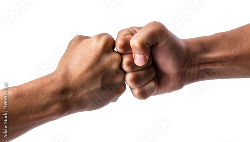 Fotografía Two dark brown arms bumping fists together, showing teamwork and agreement