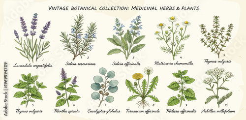 Vintage Botanical Collection of Medicinal Herbs and Plants - Retro Illustrated Set for Natural Remedies and Herbal Medicine Designs
