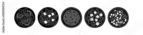 Set of black and white hand-drawn vector icons featuring various healthy salad bowls like spinach, Greek salad, quinoa, and beans. Perfect for restaurant menus and healthy lifestyle content.