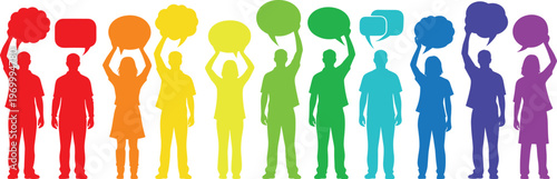 Diverse group of colorful silhouettes standing together holding blank speech bubbles in rainbow colors isolated on white background for communication and social media concepts