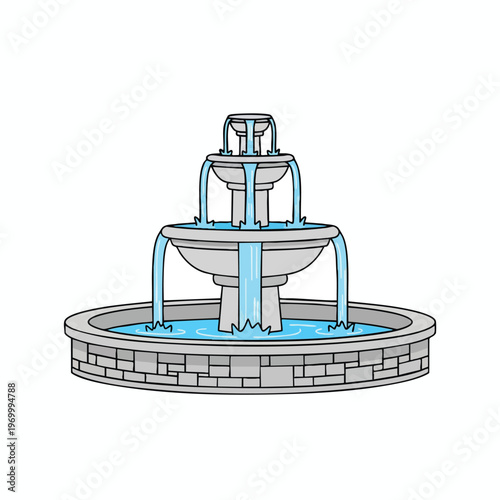 A three-tiered fountain with water cascading over grey bowls into a stone basin