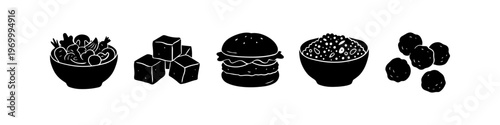 Vector set of black food silhouettes: salad, tofu cubes, burger, grain bowl, and falafel. Ideal for menu design, healthy eating, and plant-based lifestyle themes.