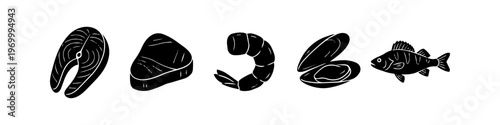 Black seafood silhouettes on white background featuring salmon steak, tuna fillet, shrimp, open mussel, and whole fish. Minimalist vector set for restaurant menus, packaging, and food labels.