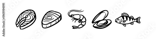 Hand-drawn black line art seafood icons including salmon steaks, shrimp, mussel shell, and a whole fish. Minimalist vector illustration set isolated on white for menu and food design.