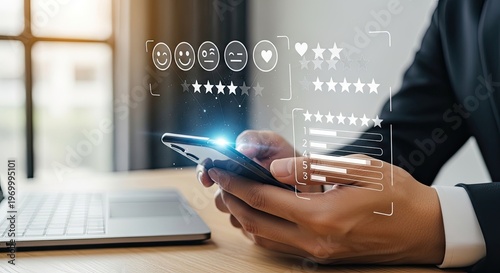 Businessman using smartphone for customer service evaluation and satisfaction survey.