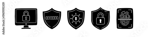 Hand-drawn cybersecurity icons set featuring a computer lock, password protection shield, antivirus guard, padlock shield, and biometric fingerprint scanner in a minimalist black and white style.