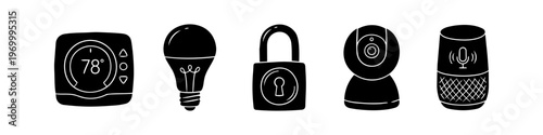 A collection of five black silhouette icons representing smart home technology, including a thermostat, smart bulb, security lock, wireless camera, and voice-controlled smart speaker.