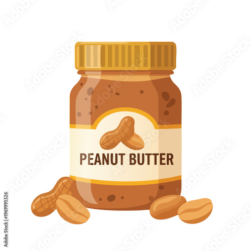 A jar of peanut butter with peanuts scattered around it