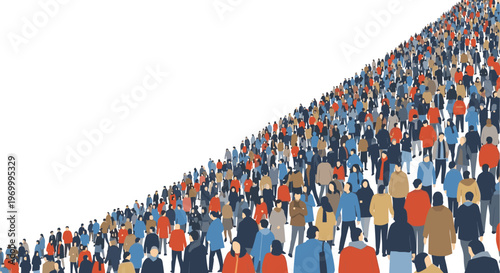 Large group of diverse people in casual winter clothing standing together on a white background forming a rising slope for community growth concept