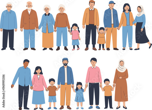 Large set of diverse multi generational families including grandparents parents and children standing together holding hands isolated on white background for community and unity