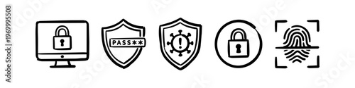 Set of hand-drawn cybersecurity and data protection icons including a locked monitor, password shield, virus protection, padlock, and biometric fingerprint scan. Doodle style illustrations.
