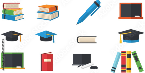 Collection of school and academic icons includes books, pens,.