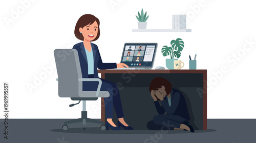 Illustration of stressed businesswoman hiding under desk.